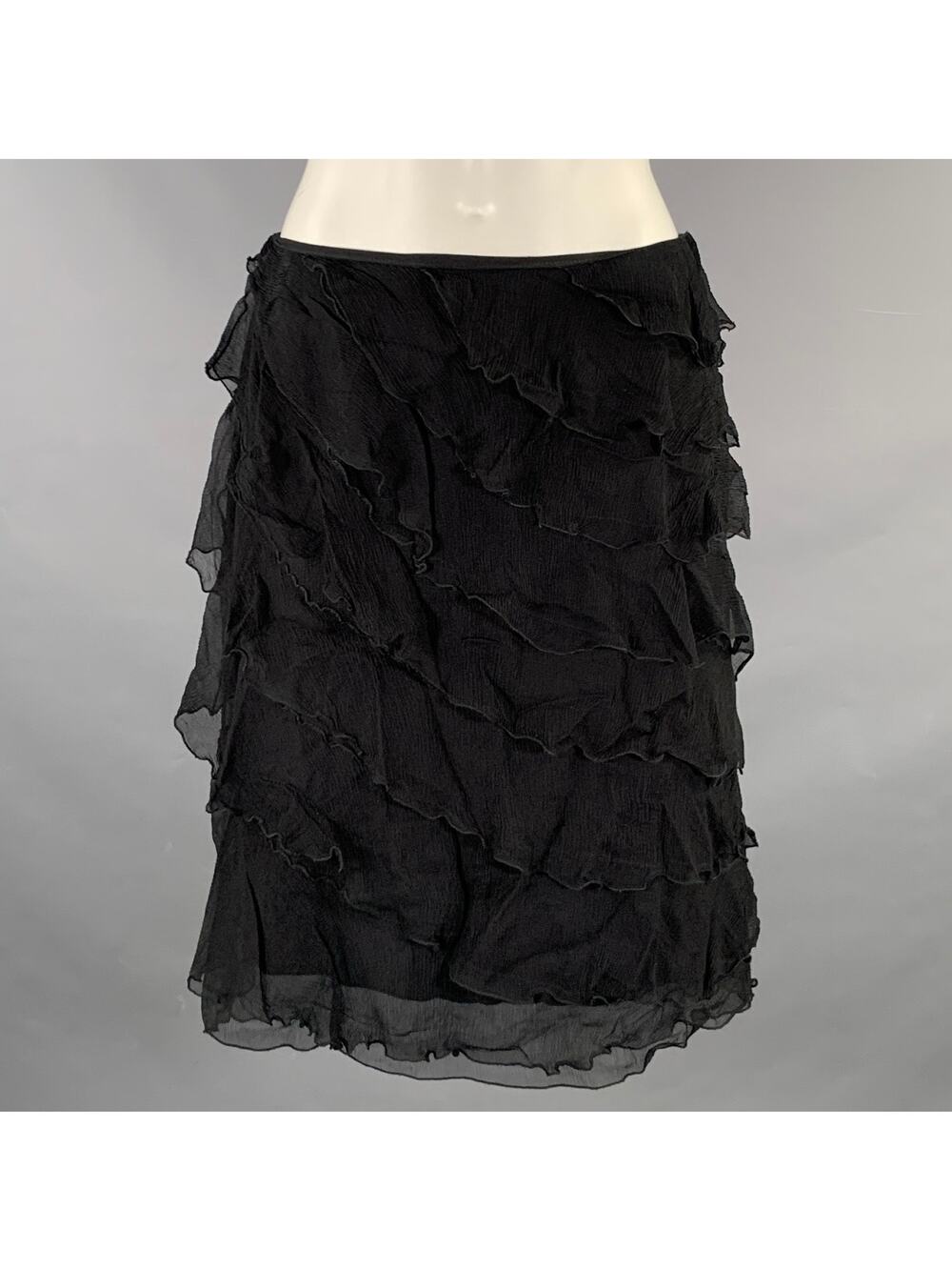 BLUMARINE Size S Black Silk Ruffled Knee-Length Skirt